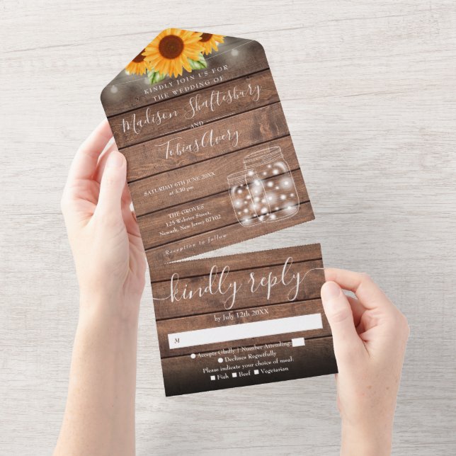 String Lights Mason Jars Rustic Sunflower Wedding All In One Invitation (Tearaway)