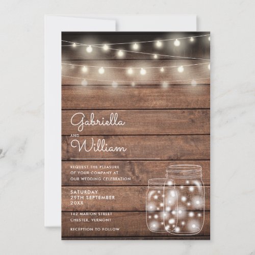 String Lights Mason Jars Rustic Wood Wedding Invitation