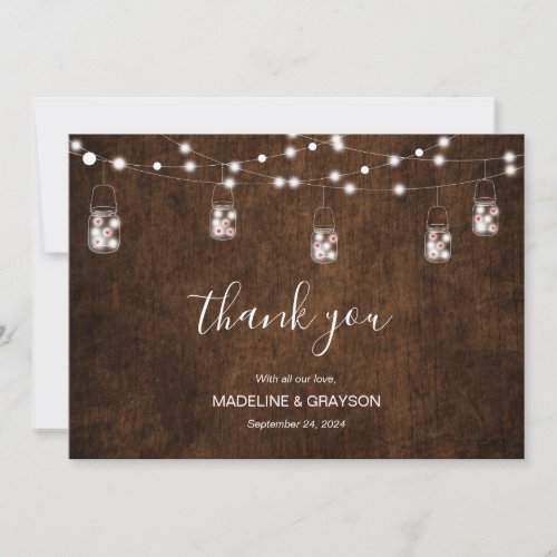 String Lights Mason Jars Rustic Wood Wedding Thank You Card