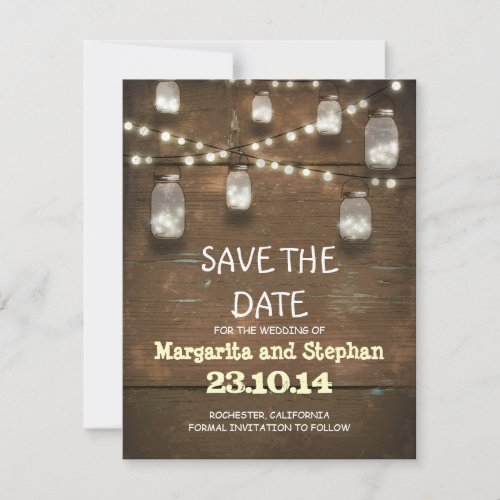 string lights &amp; mason jars save the date cards