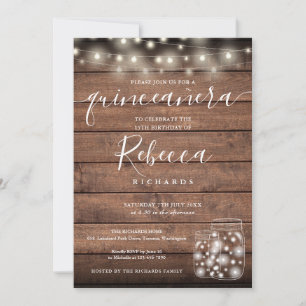 String Lights Mason Jars Script Quinceañera 15th Invitation
