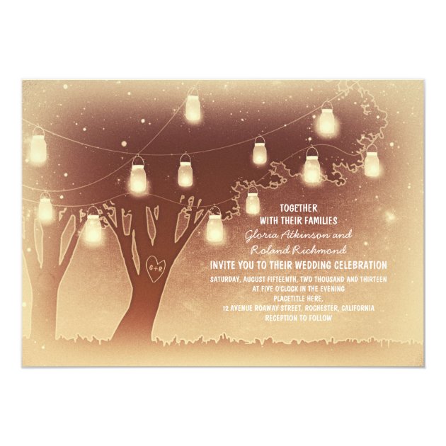 String Lights Mason Jars Tree Rustic Wedding Invitation