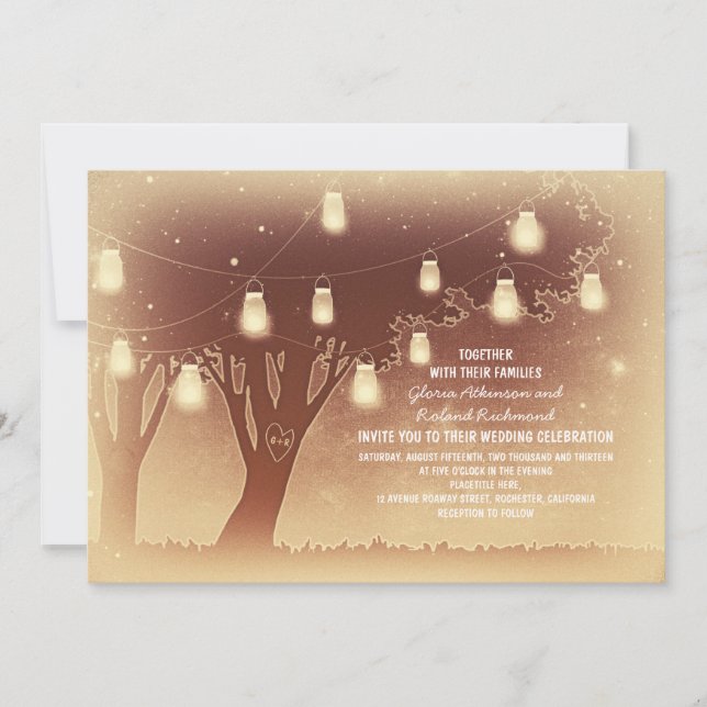 String lights mason jars tree rustic wedding invitation (Front)