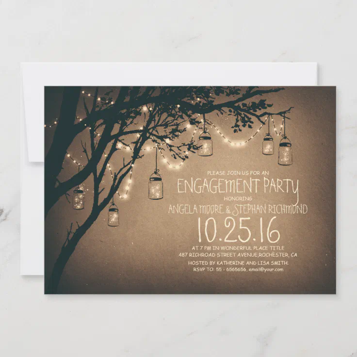 string lights mason jars vintage engagement party invitation