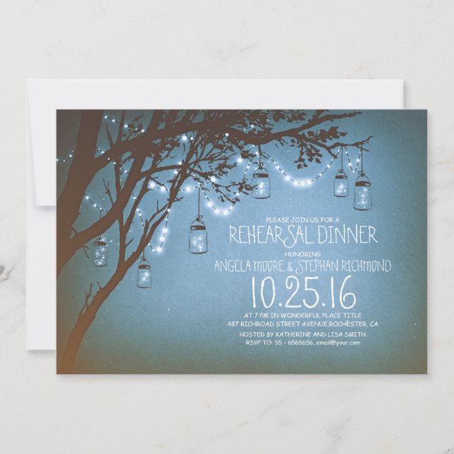 string lights mason jars vintage rehearsal dinner invitation (Front)
