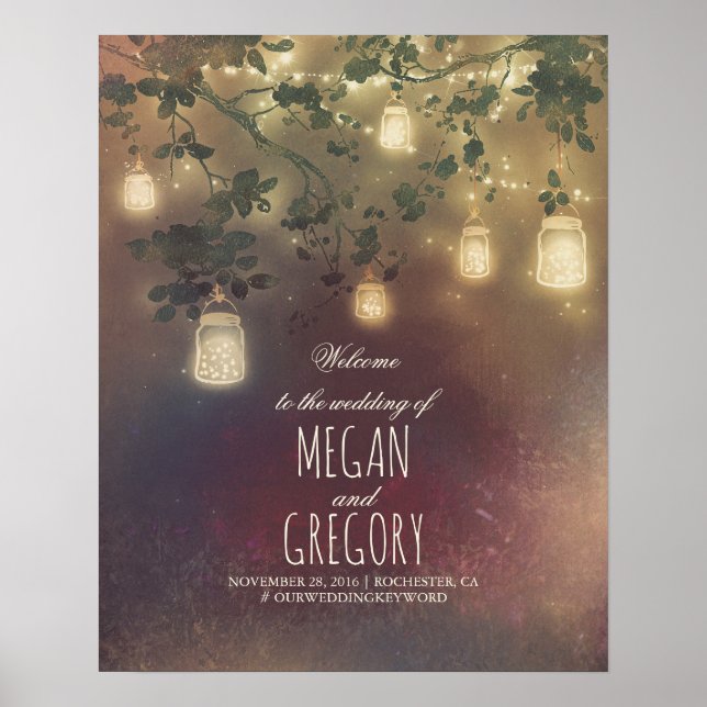String Lights Mason Jars Wedding Welcome Sign (Front)