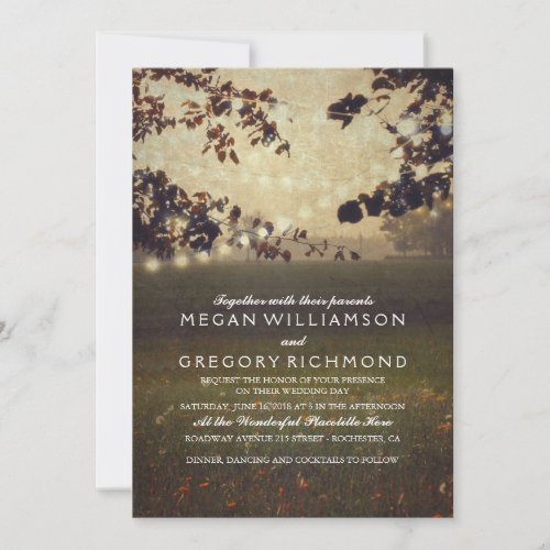 String Lights Meadow Tree Branches Retro Wedding Invitation