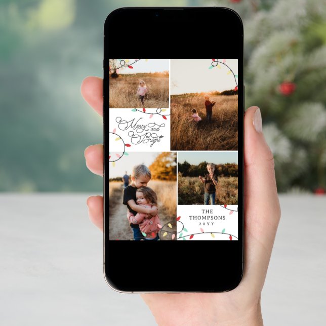 String Lights Merry Bright Christmas 4 Photos Holiday Card (Front Digital)