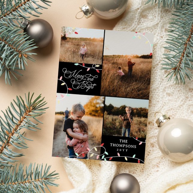 String Lights Merry Bright Christmas Photo Collage Holiday Card (Creator Uploaded)