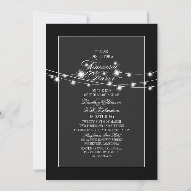 string lights modern black rehearsal dinner invitation (Front)