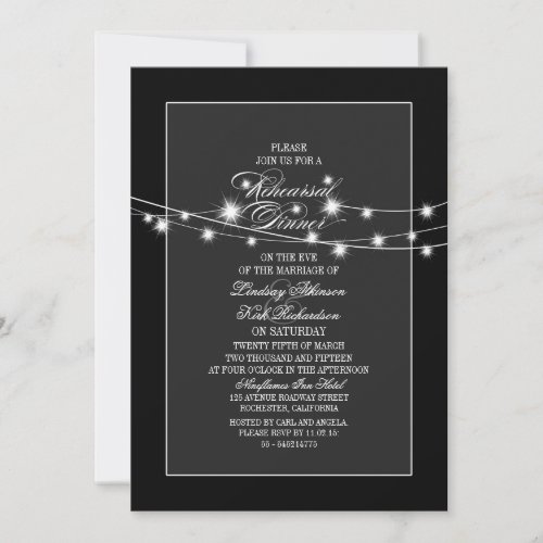 string lights modern black rehearsal dinner invitation