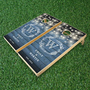 String Lights Monogram Blue Rustic Foliage Wedding Cornhole Set