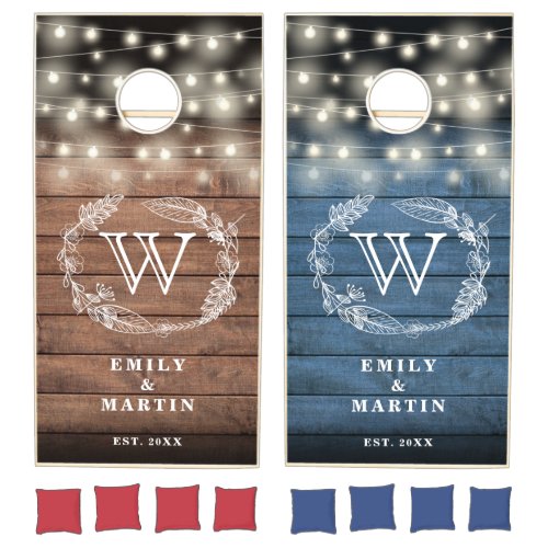 String Lights Monogram Rustic Foliage Wedding Cornhole Set