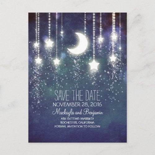 string lights moon stars romantic save the date announcement postcard