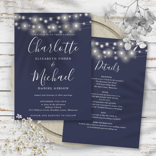 String Lights Navy Blue All In One Simple Wedding Invitation