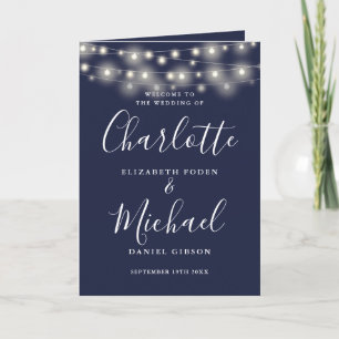 String Lights Navy Blue Elegant Script Wedding Program