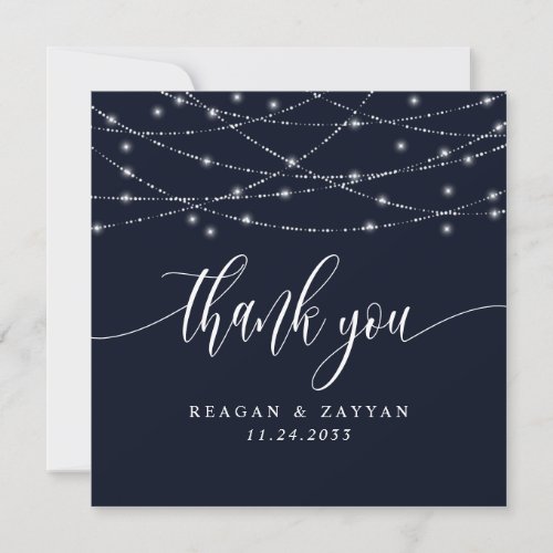 String Lights Navy Blue Elegant Wedding Thank You Card