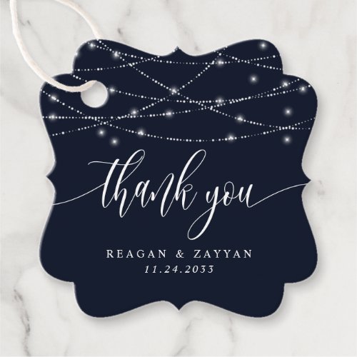 String Lights Navy Blue Elegant Wedding Thank You Favor Tags