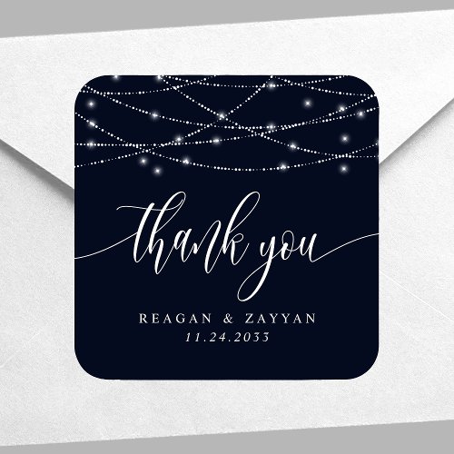 String Lights Navy Blue Elegant Wedding Thank You Square Sticker