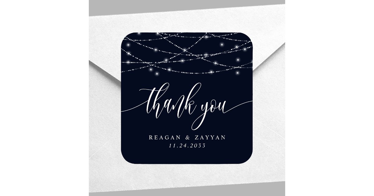 String Lights Navy Blue Elegant Wedding Thank You Square Sticker | Zazzle