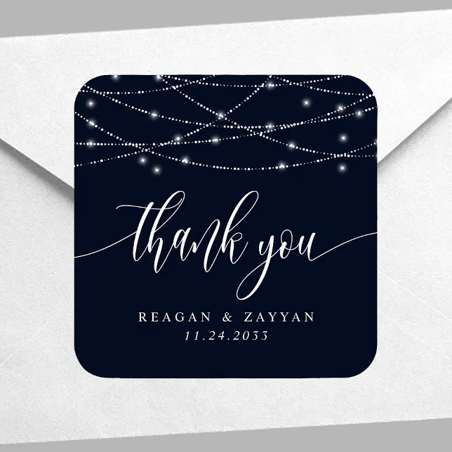 String Lights Navy Blue Elegant Wedding Thank You Square Sticker | Zazzle