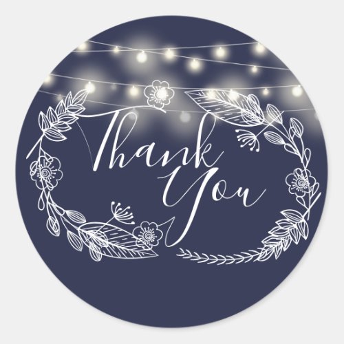 String Lights Navy Blue Floral Thank You Classic Round Sticker