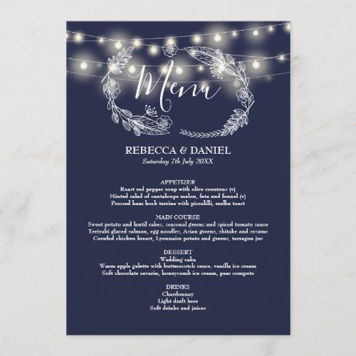 String Lights Navy Blue Floral Wedding Menu