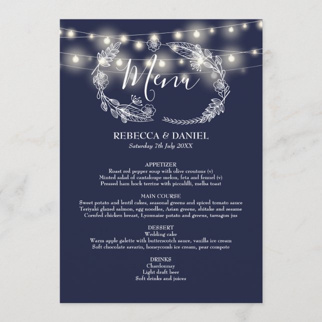 String Lights Navy Blue Floral Wedding Menu (Front)