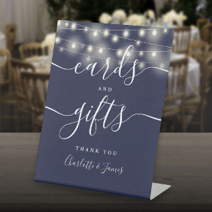 String Lights Navy Blue Script Cards And Gifts Pedestal Sign