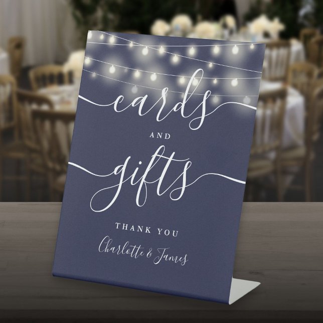 String Lights Navy Blue Script Cards And Gifts Pedestal Sign (String Lights Navy Blue Script Cards And Gifts Pedestal Sign)