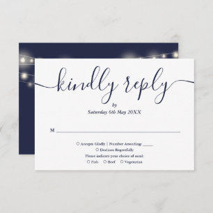 String Lights Navy Blue Script Meal Choice RSVP Card