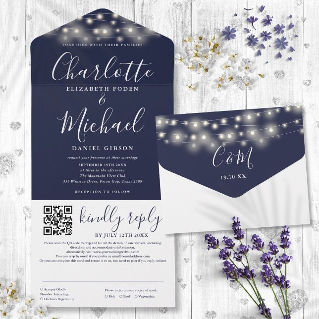String Lights Navy Blue Script QR Code Wedding All In One Invitation (String Lights Navy Blue Script QR Code Wedding All In One Invitation)