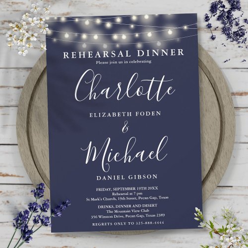 String Lights Navy Blue Script Rehearsal Dinner Invitation