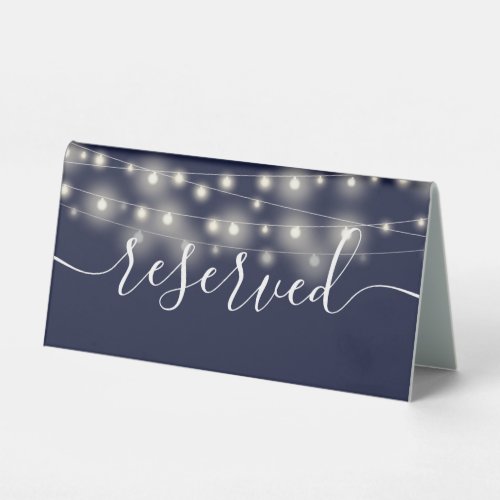 String Lights Navy Blue Script Reserved Table Tent Sign