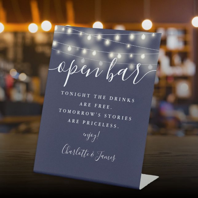 String Lights Navy Blue Signature Script Open Bar Pedestal Sign (String Lights Navy Blue Signature Script Open Bar Pedestal Sign)