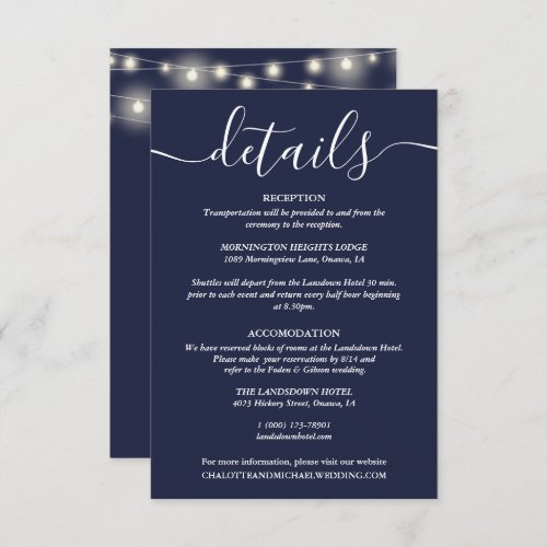 String Lights Navy Blue Wedding Details Enclosure Card