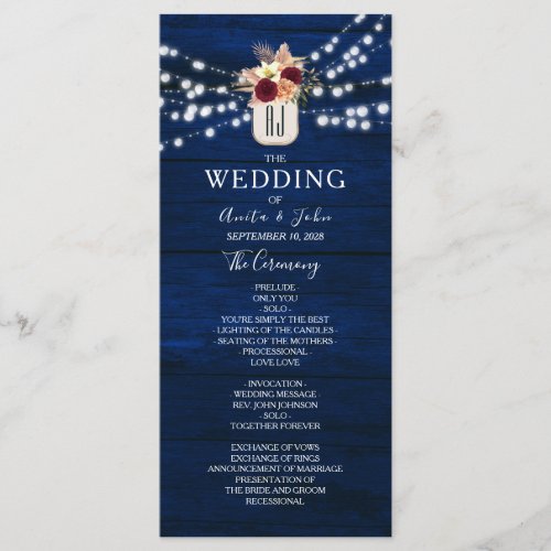 String Lights Navy Blue Wedding Program