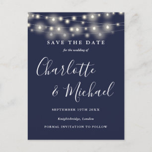 String Lights Navy Blue Wedding Save the Date Postcard