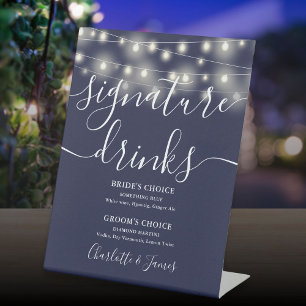 String Lights Navy Blue Wedding Signature Drinks Pedestal Sign