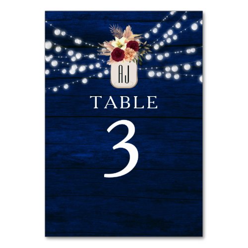 String Lights Navy Blue Wedding Table Number