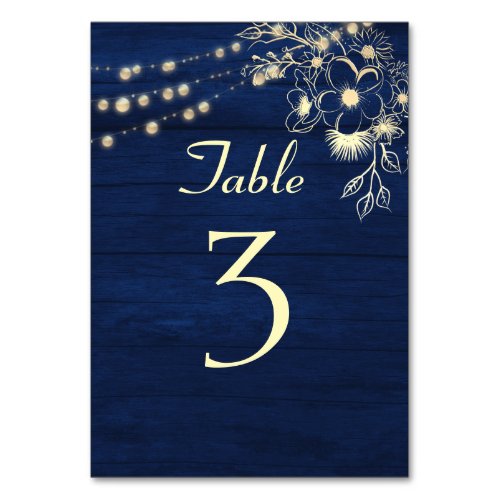 String Lights Navy Blue Wedding Table Number