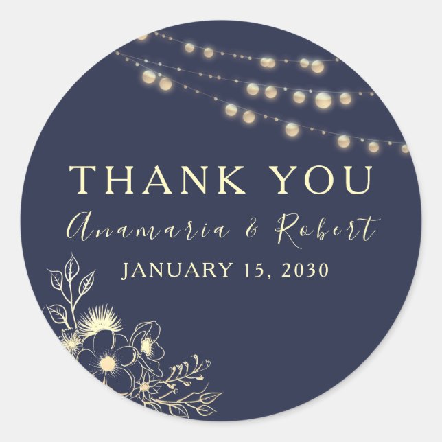 String Lights Navy Blue Wedding Thank You Classic Round Sticker (Front)