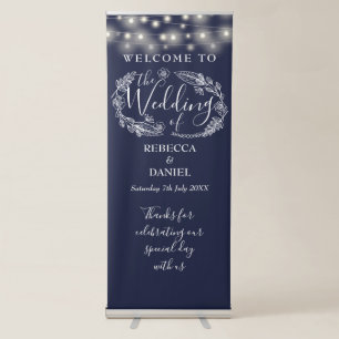 String Lights Navy Blue Wedding Welcome Retractable Banner