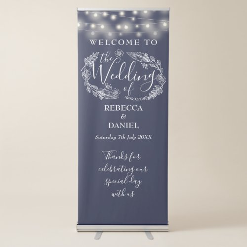 String Lights Navy Blue Wedding Welcome Retractable Banner