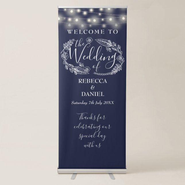 String Lights Navy Blue Wedding Welcome Retractable Banner (Front)