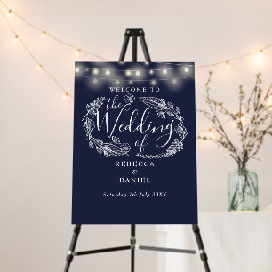 String Lights Navy Blue Wedding Welcome Sign