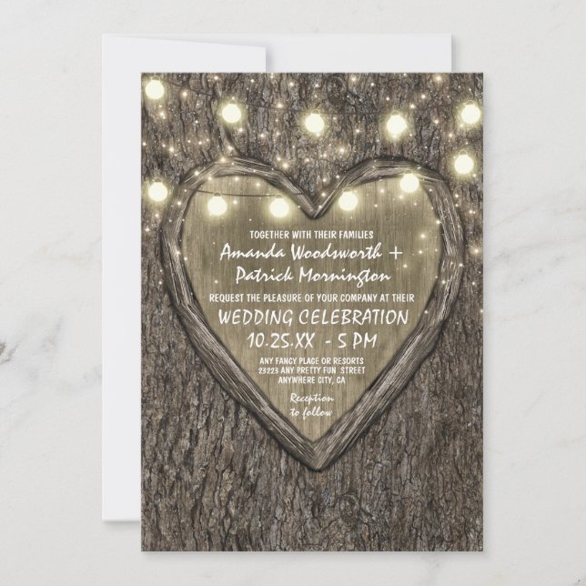 String Lights + Oak Tree Bark Wedding Invitations (Front)