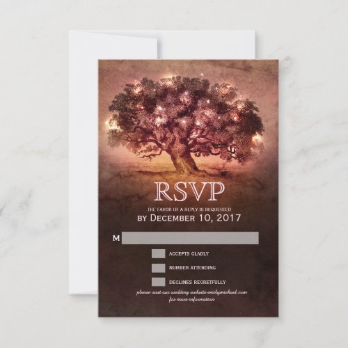 String Lights Oak Tree Country Wedding RSVP - Vintage string lights / twinkle lights old oak tree on grunge background rustic country wedding RSVP card for summer, fall, spring or winter wedding! Perfect design for the country wedding. contact me for any design customization. Matching products available