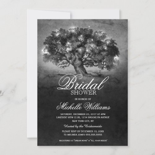 String lights old oak tree rustic bridal shower invitation