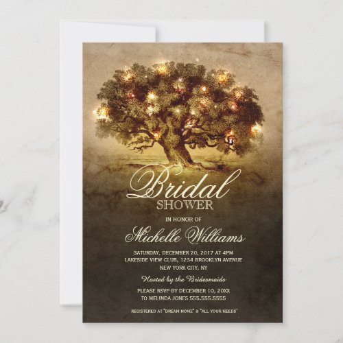 String lights old oak tree rustic bridal shower invitation